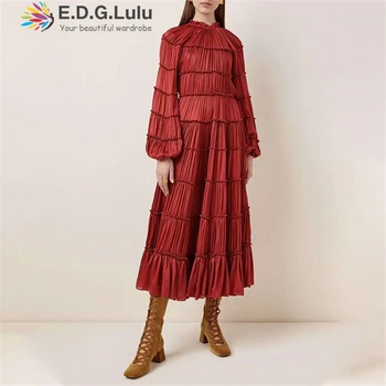 

EDGLuLu Designer Dress Women Luxury 2020 Fashion Stand Collar Lantern Sleeve Elegant Red Black Party Long Dress Vestidos 0915