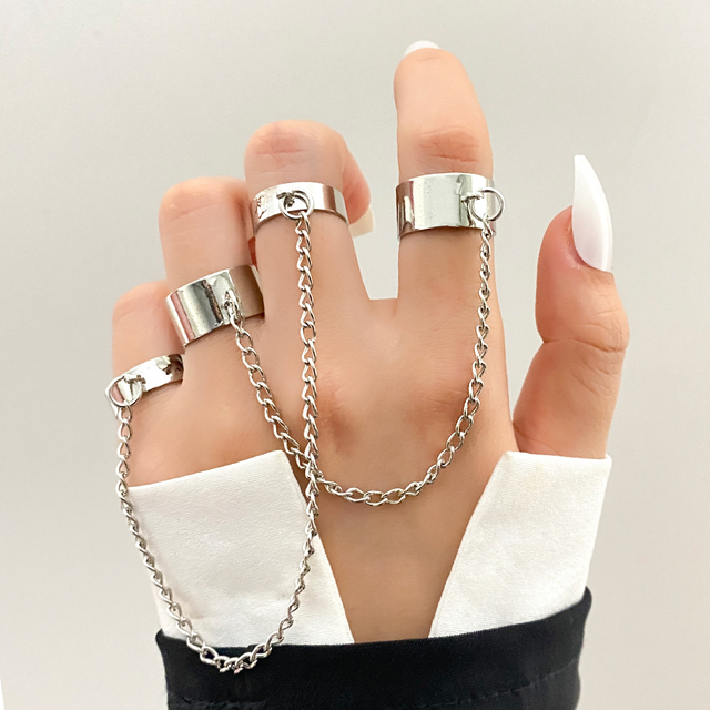 Vintage Metal Snake Butterfly Joint Ring Set For Women Fashion Geometric Pendant Chain Finger Ring Punk Jewelry Wholesale