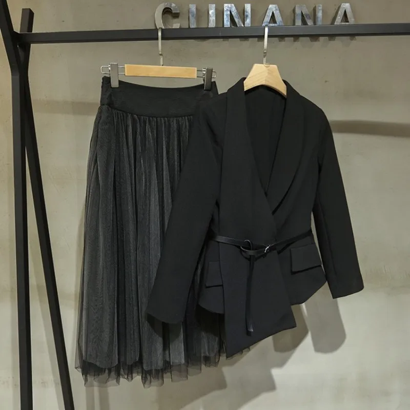 

Fashion Womens Long Slevve Sashes Asymmetrical Blazer Elastic Waist Medium Length Mesn Skirts Female Spring Two Piece Outfits