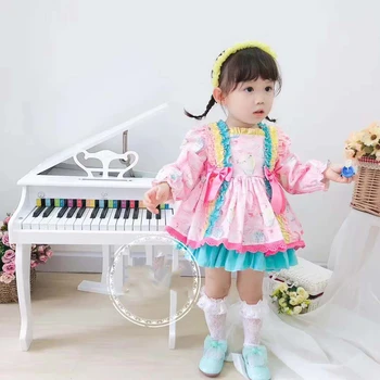 

2PCS Autumn Winter Vintage Spanish Princess Ball Gown Lolita Party Dress Long Sleeve Bow Pink For Bady Girls Turkey Party Dress