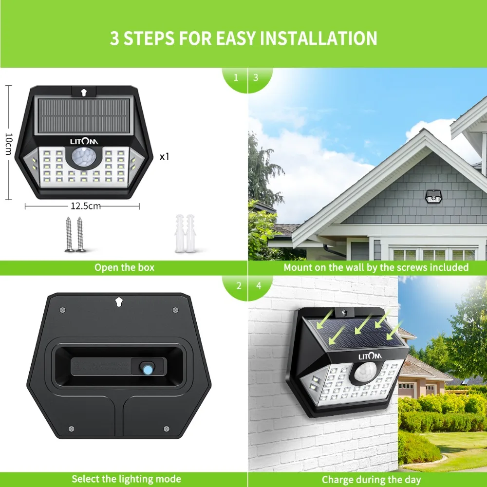 LITOM 30 LED Solar Garden Motion Sensor Light IP65 Waterproof Outdoor Lights with 3 Lighting Mode 270° Wide-angle Luz Solar Led (8)