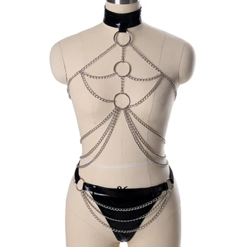 

Pu Leather Harness Bra Belt Sexy Lingerie Set Fetish for Women Tassel Metal Chain Body Cage Bralette Goth Punk Dance Rave Wear