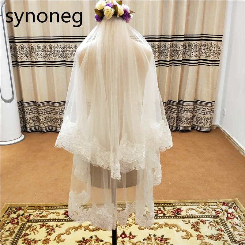 Bmirth 2 Tiers Bride Wedding Veil White Fingertip Length Bridal Tulle Hair Accessories with Flower Lace Edge and Comb A-white 