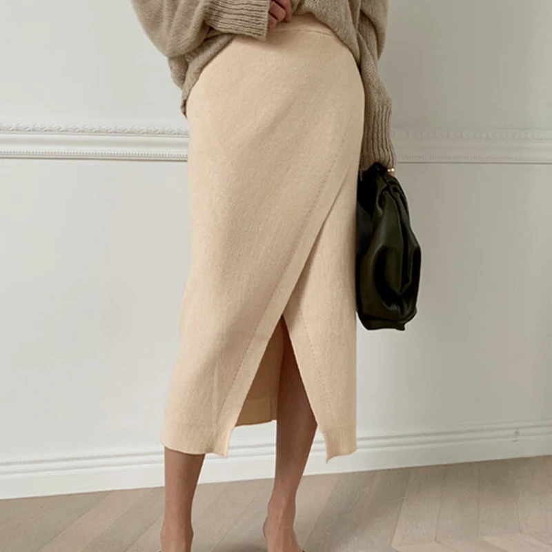 Женская трикотажная юбка с разрезом спереди, облегающая, высокая талия, длина миди, свитер, юбка, Осень-зима, деловой стиль, повседневный стиль - Цвет: Apricot