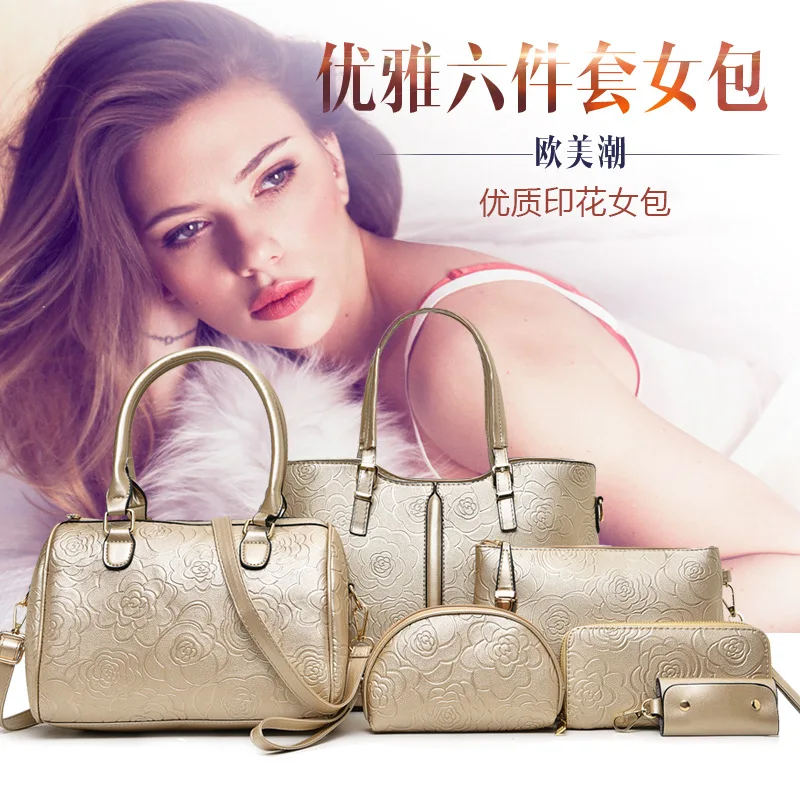 

2018 New Style WOMEN'S Bag Europe And America Style Embossed Plant Flowers Six Pieces Set Different Size Bags One-Shoulder Diago