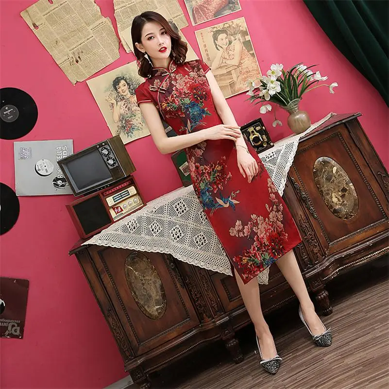 Винтажное женское платье Ципао с цветочным принтом в классическом китайском стиле, элегантное тонкое вечернее платье размера плюс M-4XL - Цвет: 8210