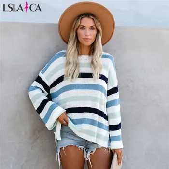 

Lslaica Women's blouse rainbow contrast color striped sweater loose round neck long sleeve pullover sweater autumn 2019 female