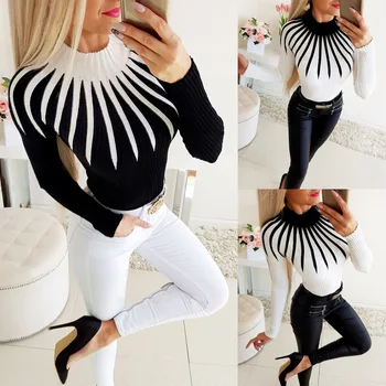 

Fashion Bodycon Black White Women's Sweater 2020 Autumn Winter Color Matching Sweaters Female Turleneck Long Sleeve Sexy Sweater