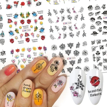 

12pcs Water Decals Sliders For Nails Black Hand Drawn Flowers Leaf Nail Art Stickers Charms Manicure Decoration JIBN1561-1572