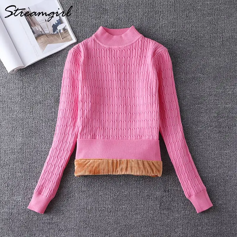 Бархатный свитер для женщин, Зимний пуловер с высоким воротом, свитера для женщин Invierno, джемперы для девушек, женский толстый свитер для женщин, топы - Цвет: Pink