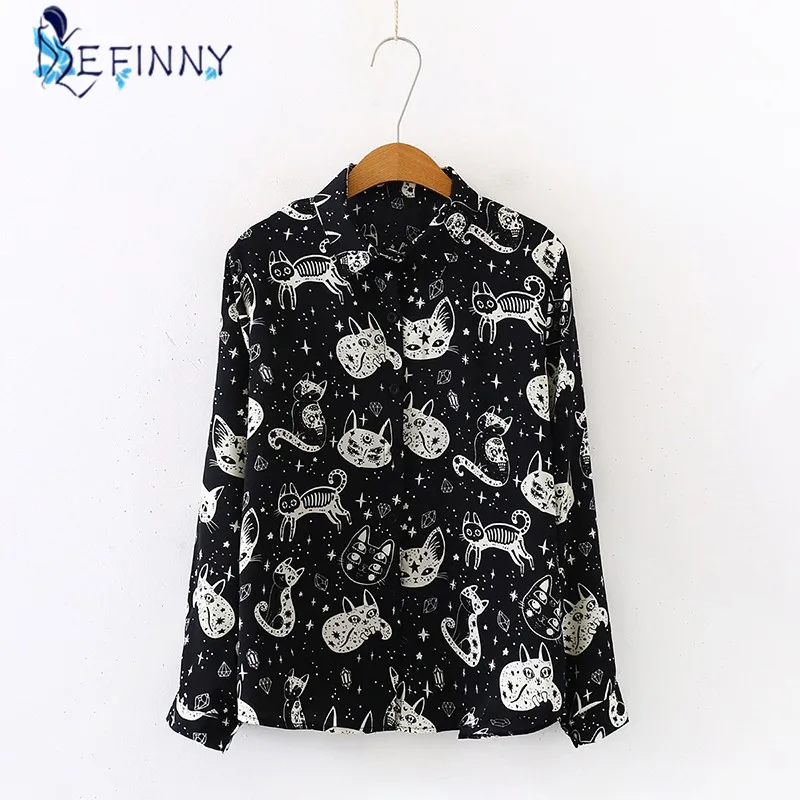 ladies shirts Women Shirt Cat Pattern Printed Personality Tops and Blouses Fashion Office Lady Long Sleeve Clothes White Black chiffon blouse