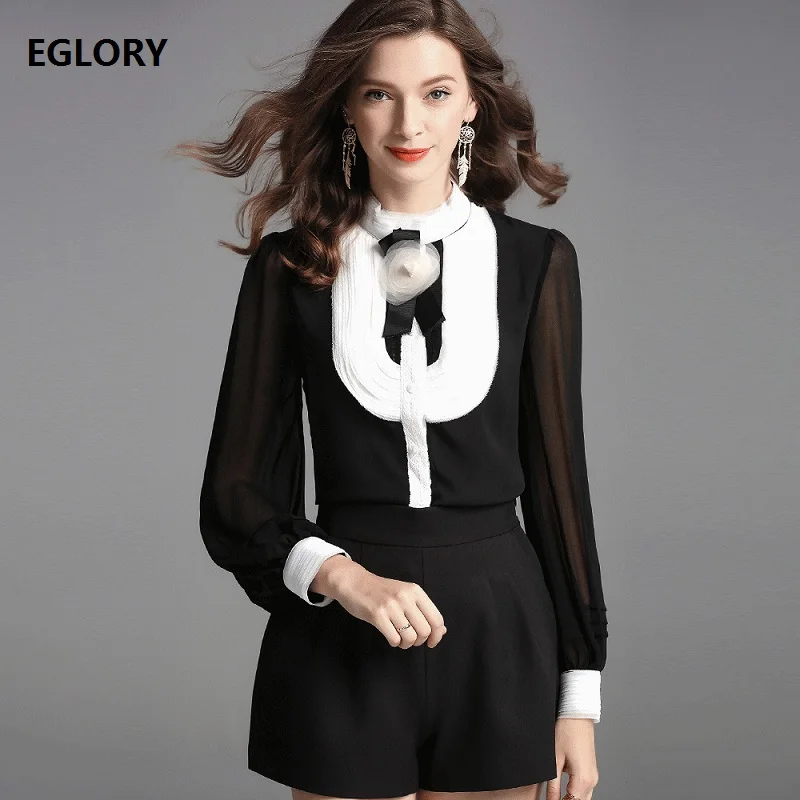 

Top Quality Designer Blouses Shirt 2019 Spring Summer Chiffon Blouse Women Appliques Flower Long Sleeve Black Shirt Female Tops
