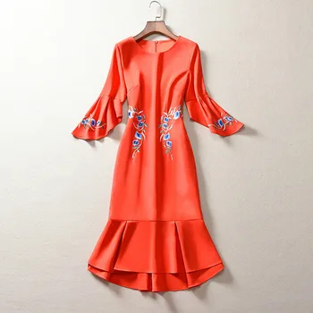 

European Vintage Dresses for Women Classical Trumpet Elegant Flare Sleeve Luxury Flower Embroidery XXXL Midi Dress