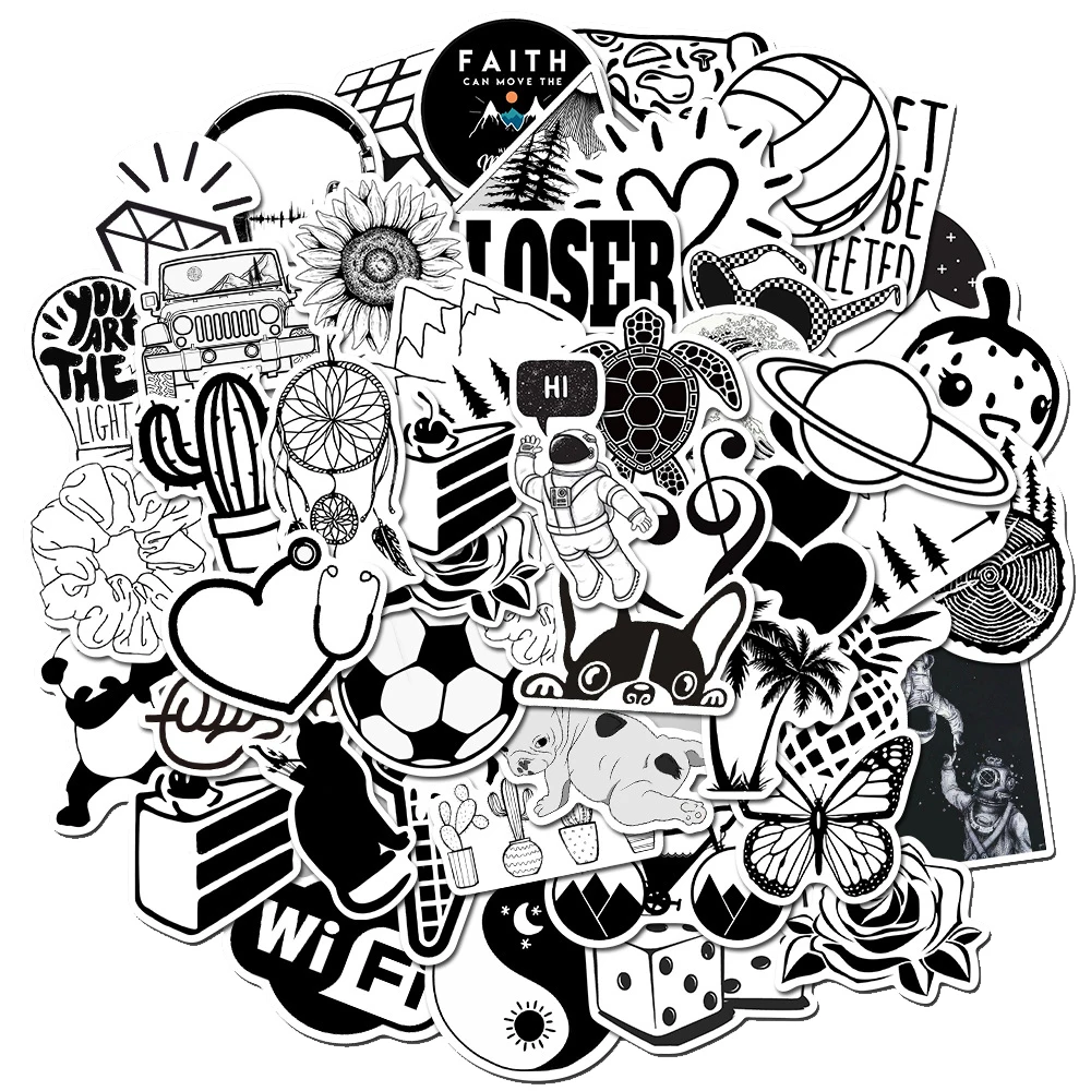 

50 Pcs Metallic Black and White Stickers DIY Skateboard Guitar Laptop Motorcycle Luggage PVC Decal Graffiti Cool Sticker Kid Toy