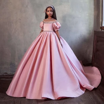 

Princess Pink Flower Girl Dresses Jewel Neck Beads Ball Pageant Dresses Toddler Infant Clothes Little Girls Birthday Gowns