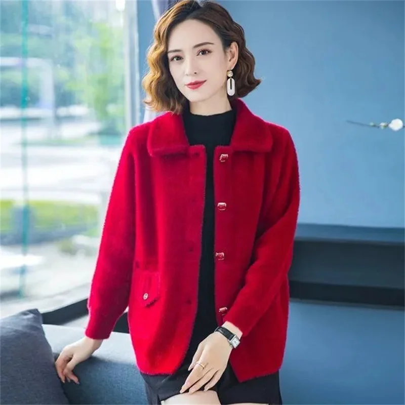 Autumn Winter Mother Wear 2022 Imitation Mink Coat Medium-Sized Middle-Aged ElderlyThickened Woolen Top Women Commut