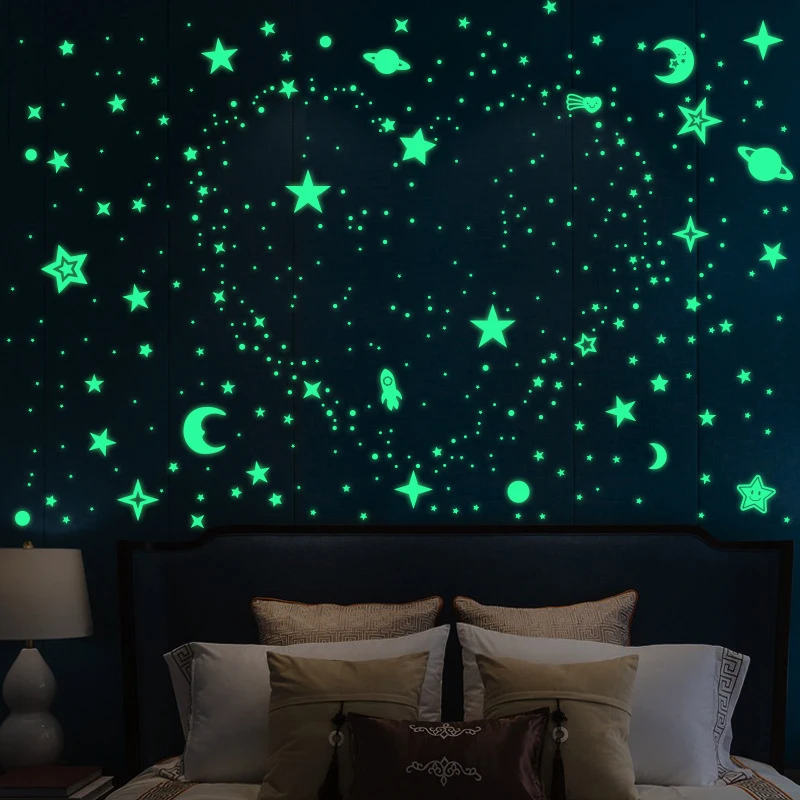 Luminous 3D Stars Dots Moon Wall Sticker Glow In The Dark Decal for Kids Baby Room Bedroom Home Decoration Planet Rocket Sticker