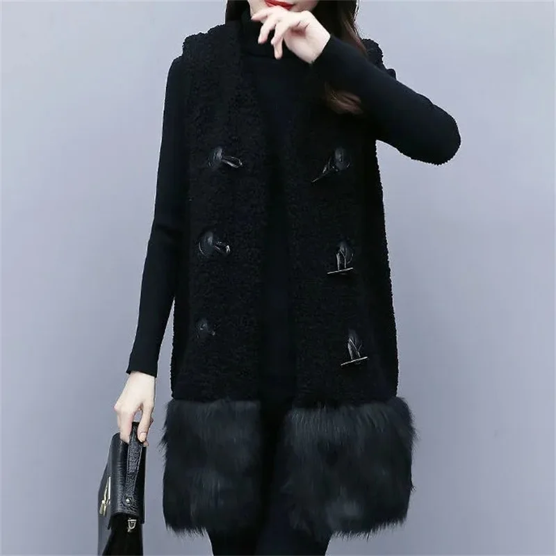 2022 Winter Female Velvet Coat Warm Mid-length Waistcoat Fat MM Loose Women High-end Jacket Lambswool Vest Jacket Black  A857