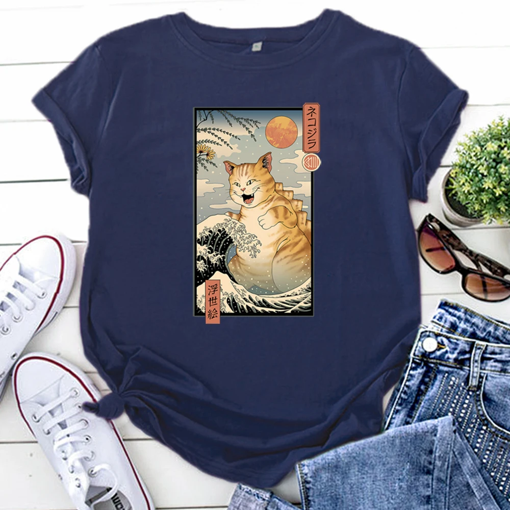 Kawaii Loverly Cats Cartoon Image Printing T Shirts For Woman Crewneck Cotton Women T-Shirts Harajuku Gothic Women'S Clothing