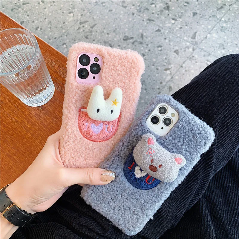 

Warm Plush Phone Case for iPhone 11 Pro Max XS Max XR Cute 3D cartoon Furry fluffy Fur Cover for SE 2020 7 8 Plus girl gift Case