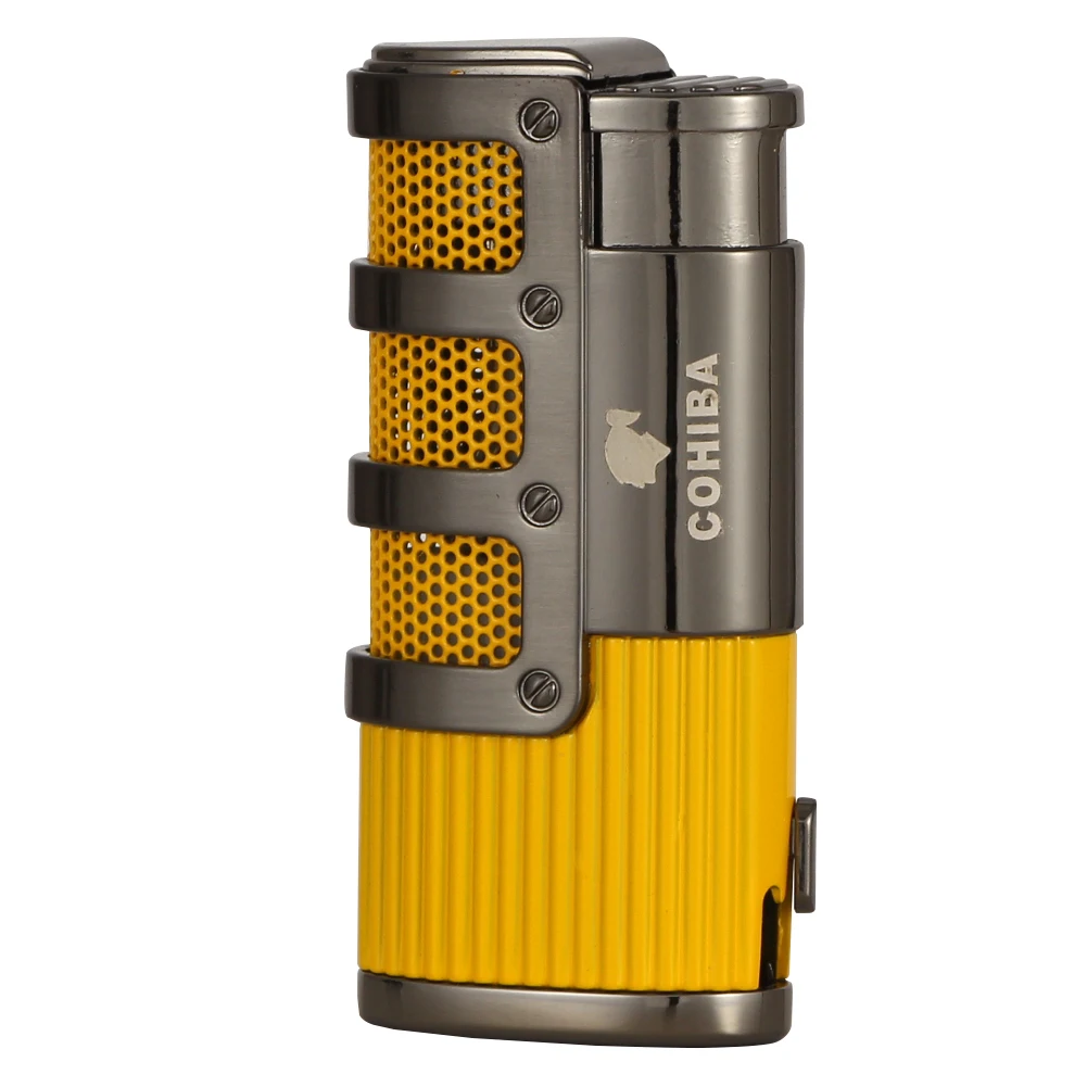 COHIBA 3 струйный фонарь Зажигалка для сигар ветрозащитная металлическая карманные зажигалки бутан многоразового пламени сигарета газовая зажигалка W/сигары удар - Цвет: YELLOW
