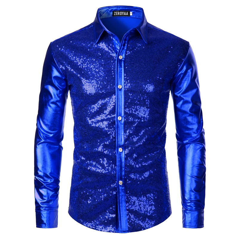 PJ PAUL JONES Men's Sequins Shirt Long Sleeve Button Shirts 70s Disco Party Costume 