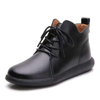 

Autumn and winter large size female leather flat bottom plus velvet women's thick Martin boots