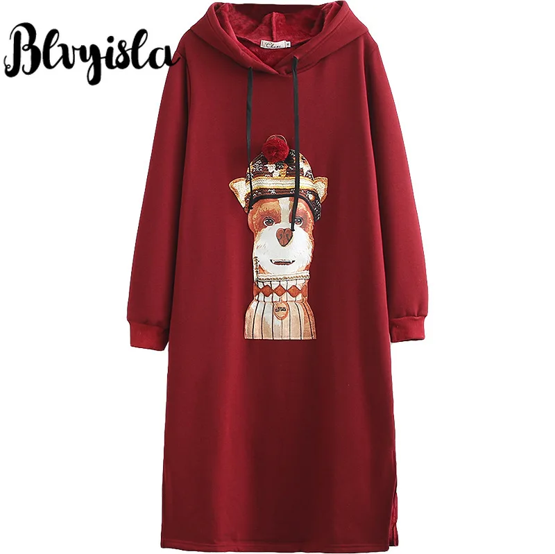 Blvyisla 4XL Большие размеры милая собака узор средней длины флис толстовка с капюшоном для женщин шнурок сплит подол толстовки Топы