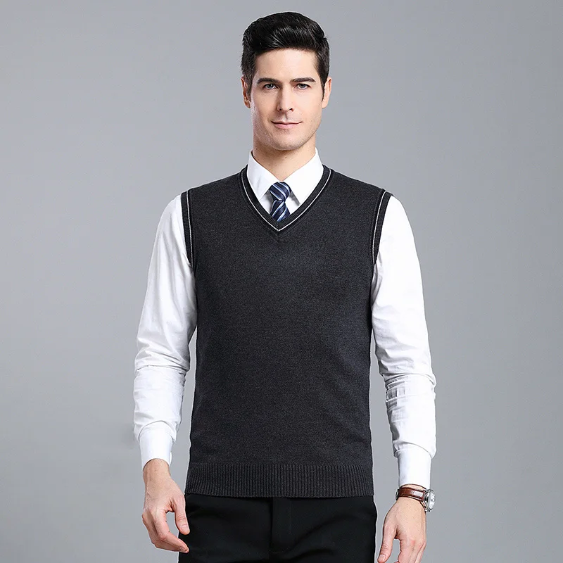 Модный брендовый свитер для мужчин s пуловеры Slim Fit Джемперы вязаный жилет без рукавов Осень V образным вырезом корейский стиль повседневная одежда для мужчин - Цвет: Темно-серый
