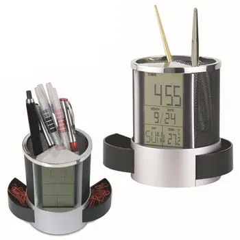 

Office LCD Countdown Function Alarm Clock Time Temperature Display Pen Pencil Holder Durable Desk Organizer