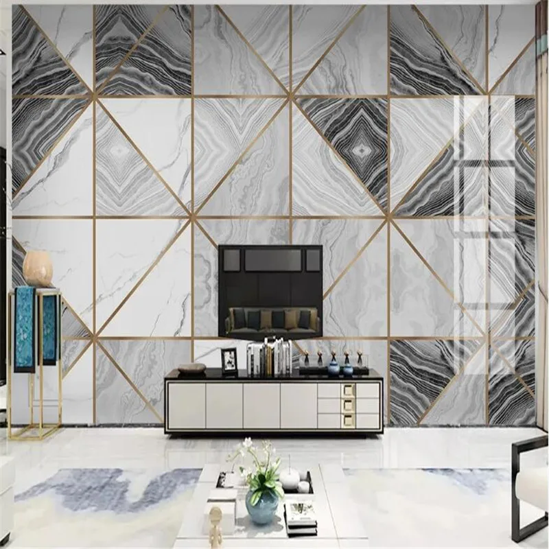 Large 3D Wallpaper Mural Custom Light Luxury Geometric Lines Jazz White Marble Tile Living Room TV Background Wallpaper Mural