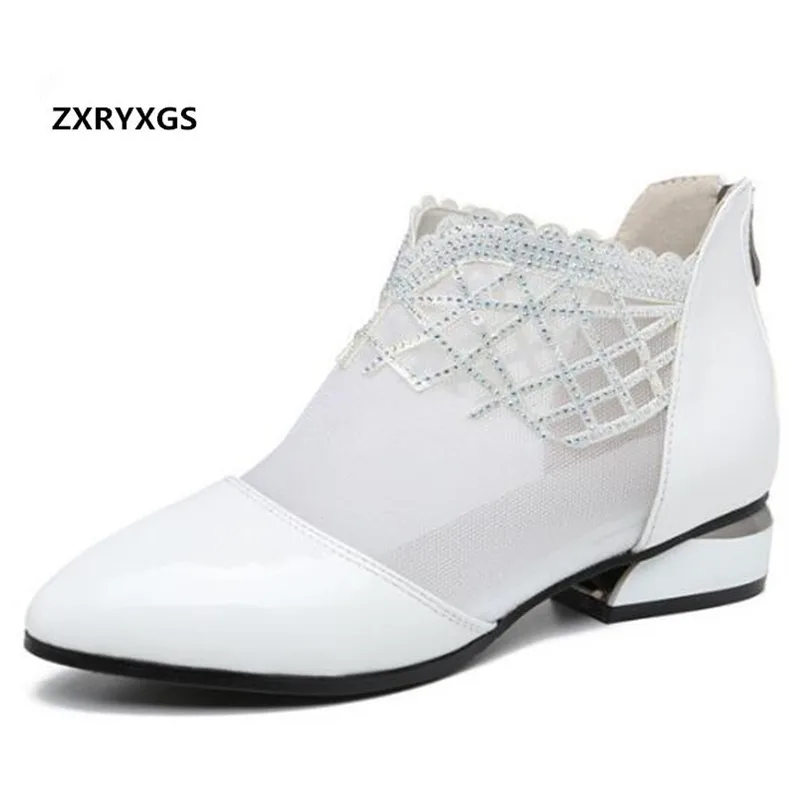 

ZXRYXGS Cowhide Mesh Pointed Rhinestone Shoes Fashion Sandals Comfort Low-heeled Shoes Woman Sandals Large Size Leather Sandals