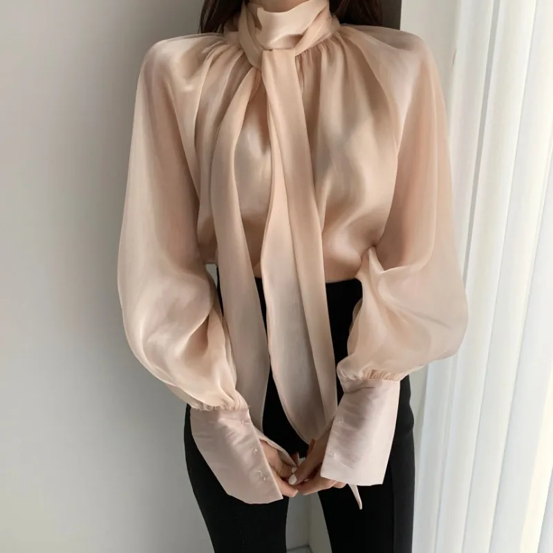 2021 spring and summer new Korean ins western style sweet bow tie tulle long sleeved chiffon shirt women