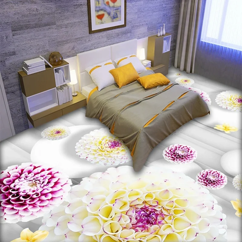 Custom 3D Murals Purple Flowers Hydrangea Ball Floor Tiles Sticker Vinyl Self-adhesive Wallpaper Living Room Bathroom Decoration