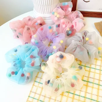 

6 Colors Organza Mesh Scrunchies Hairband Colorful Pompom Hair Ties Ponytail Holders Headwear Ornaments Hair Accessories