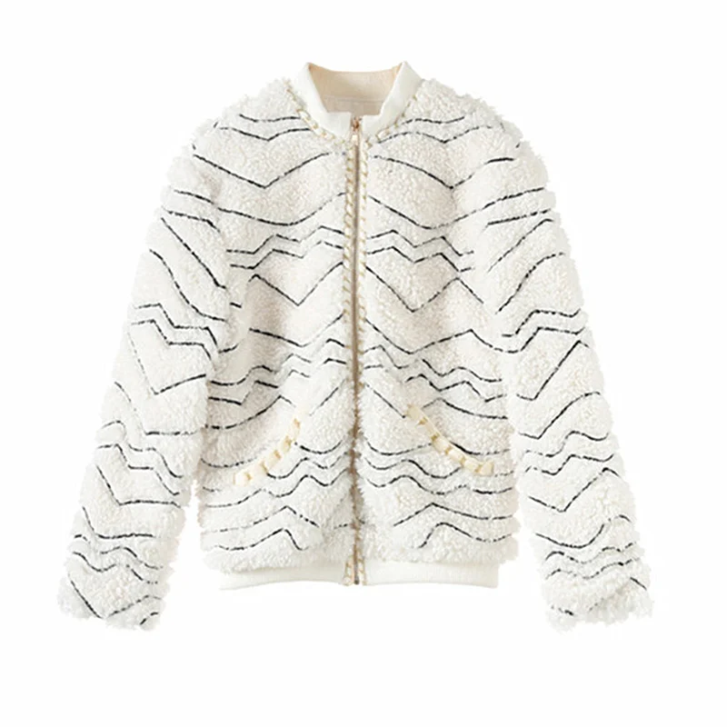 Fall/Winter New Black Wave Pattern Beige Coat White Line Loose Short Thicken Lamb Plush Chain Bezel Crew Neck Jacket Women - Цвет: Белый