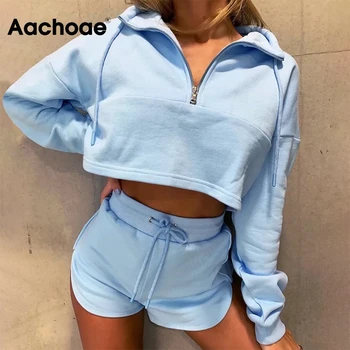 

Aachoae Solid Home Styles Two Piece Set Women Batwing Long Sleeve Loose Pullover Hoodies+Drawstring Casual Shorts Female