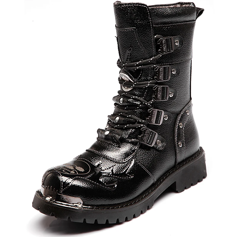 Армейские ботинки; мужские военные ботинки; коллекция года; кожаные зимние черные ковбойские ботинки в готическом стиле; ботинки в стиле панк; Мужская обувь; мотоботы; ботинки-дезерты