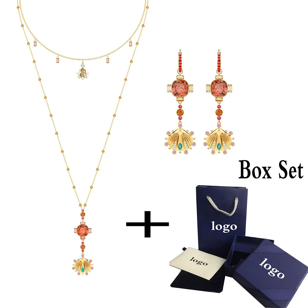 

SWA RO 2019 Trends New LUCKY GODDESS Double Circle Necklace Set Shining Colorful Crystals Give Lovers the Best Romantic Gift Set