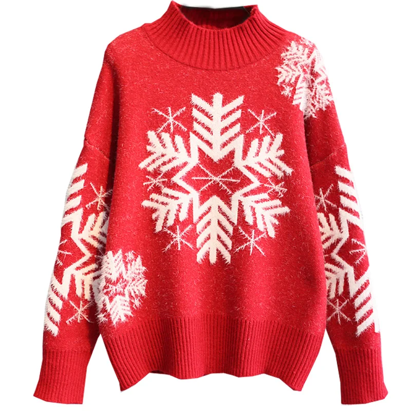 Autumn Winter Women Sweater Elegant O Neck High Quality Knitted Tops Pullover Red Blue Green Snowflake Print Sweater Female