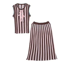 Лето г. костюм Полосатое вязаное пальто без рукавов с бантом+ миди, комплект из двух предметов