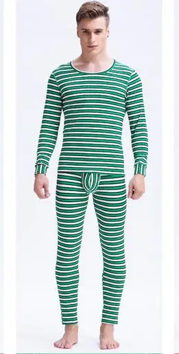 Aismz Winter Mens Warm Thermal Underwear Mens Thermo Sexy Fashion Striped Thermal Underwear Sets Cotton Long Johns for Man - Цвет: 425 green