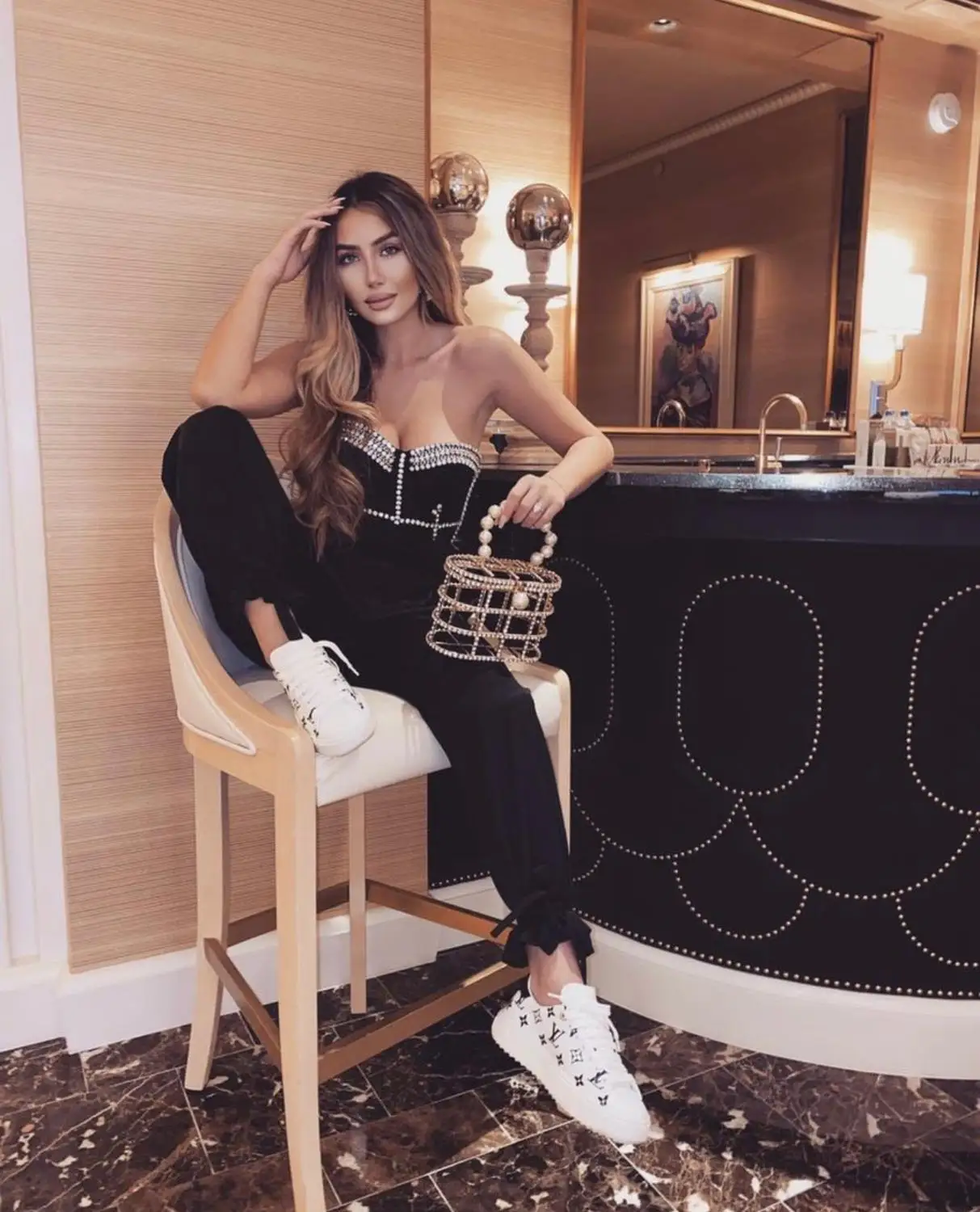Celebrity High Quality Black Mantual Beading 2 Pieces Set Night Club Party Outfits Celebrity High Quality Black Mantual Beading 2 Pieces Set Night Club Party Outfits