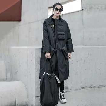 

AIGYPTOS Black Pocket Thick Cotton Coat Long Sleeve Loose Fit Ladies Parka Coat Fashion Trend New Autumn Winter Coat