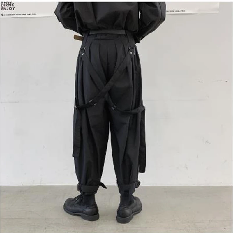 Men Japan Streetwear Punk Gothic Bandage Casual Harem Pant Male Vintage Hip Hop Wide Leg Trousers Stage Clothing Kimono Pant