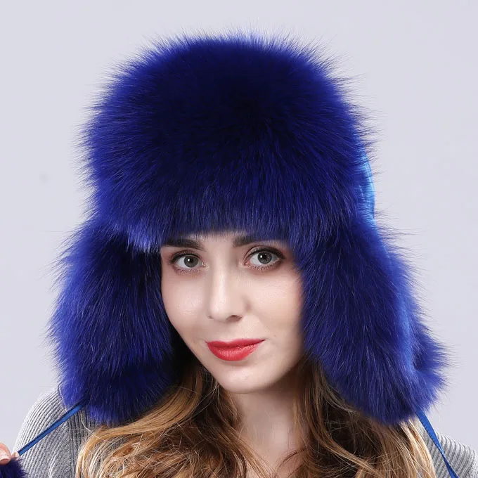 Winter women fur hat lady real fox fur cap protect ear warmer fox pom poms Bomber Hat hot sale new arrival - Цвет: blue
