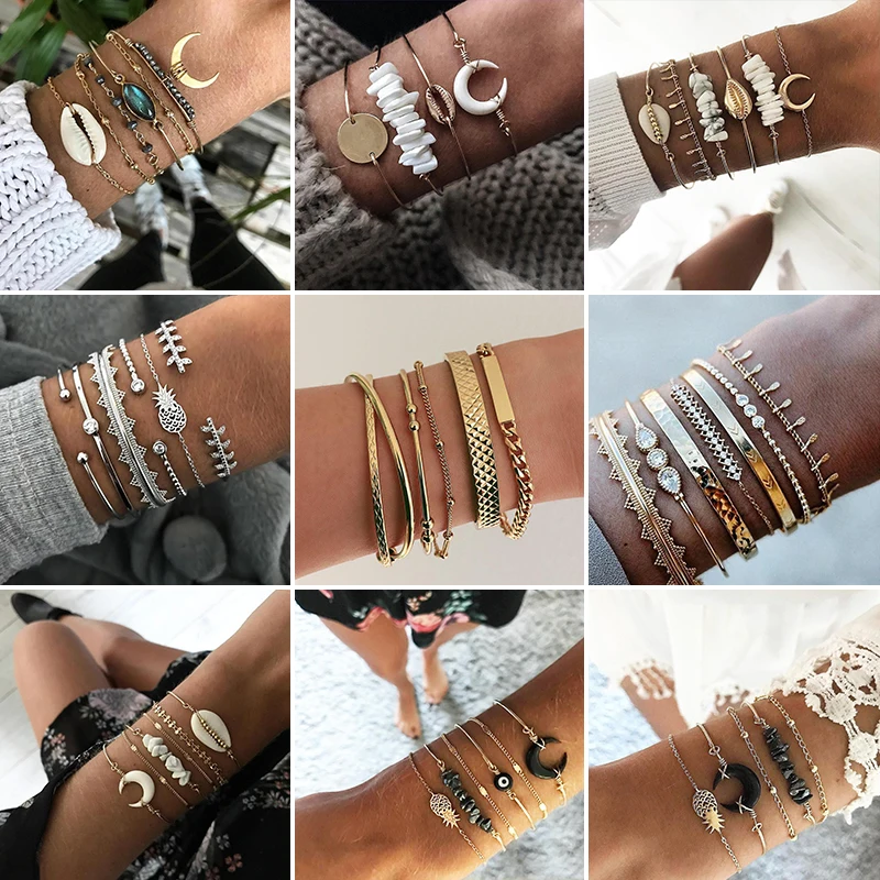 21 стиль Классическая стрелка узел круглый кристалл драгоценный камень многослойный Регулируемый Открытый браслет набор женские модные вечерние ювелирные изделия подарок