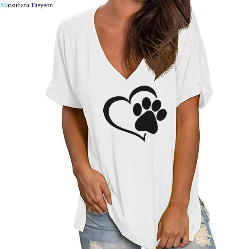 

Lovely Heart Tshirt Dog Paw Print T-shirts Women Causal T-shirt Summer Harajuku Cotton Short Sleeve V-Neck Fashion loose tees