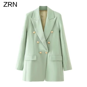

ZRN Autumn Women Vintage Solid Blazers and Jackets Work Office Lady Suit Pockets Double Breasted Business Female Blazer Coat