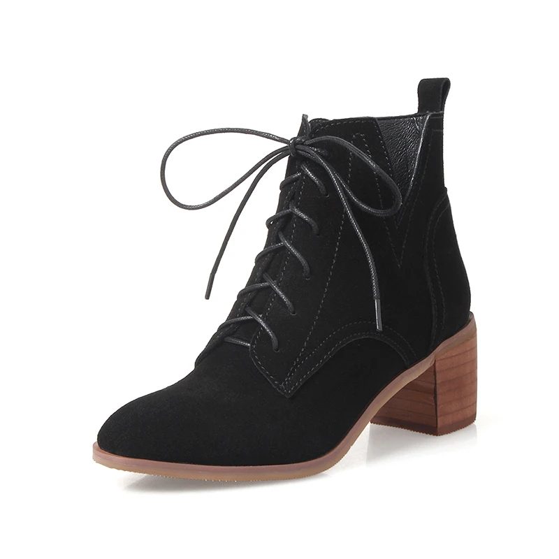 Black Leather Lining ROBESPIERE/Новинка; сезон осень-зима; ботильоны с круглым носком; качественная обувь из коровьей замши; большие размеры; женские теплые плюшевые ботинки на шнуровке; B57 - Цвет: Black Leather Lining